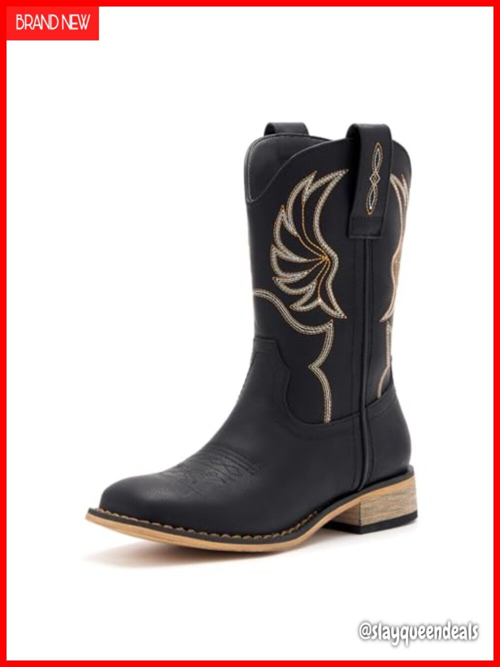 Kids Western Cowboy Boots Faux Leather Square Toe Embroidered Pull-On